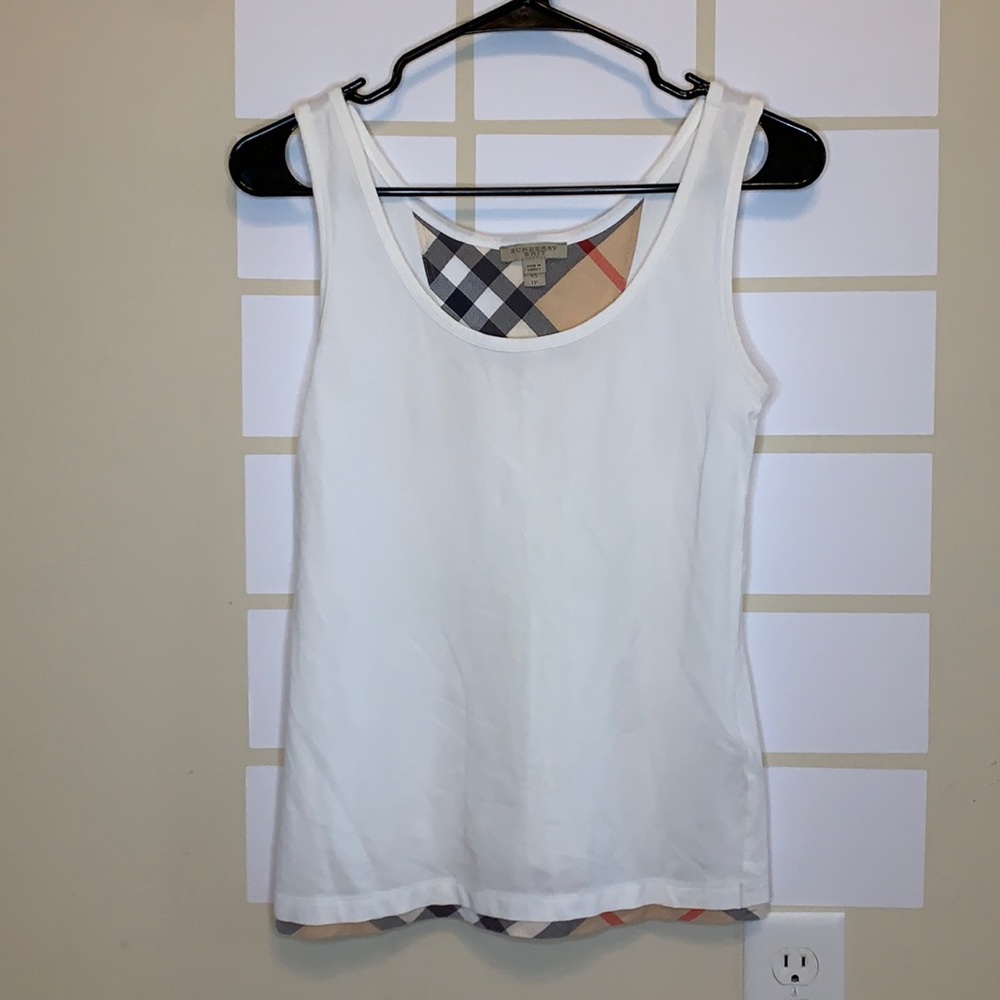 Burberry Brit Check Trim Stretch Cotton Jersey Knit White Tank Top Size XS